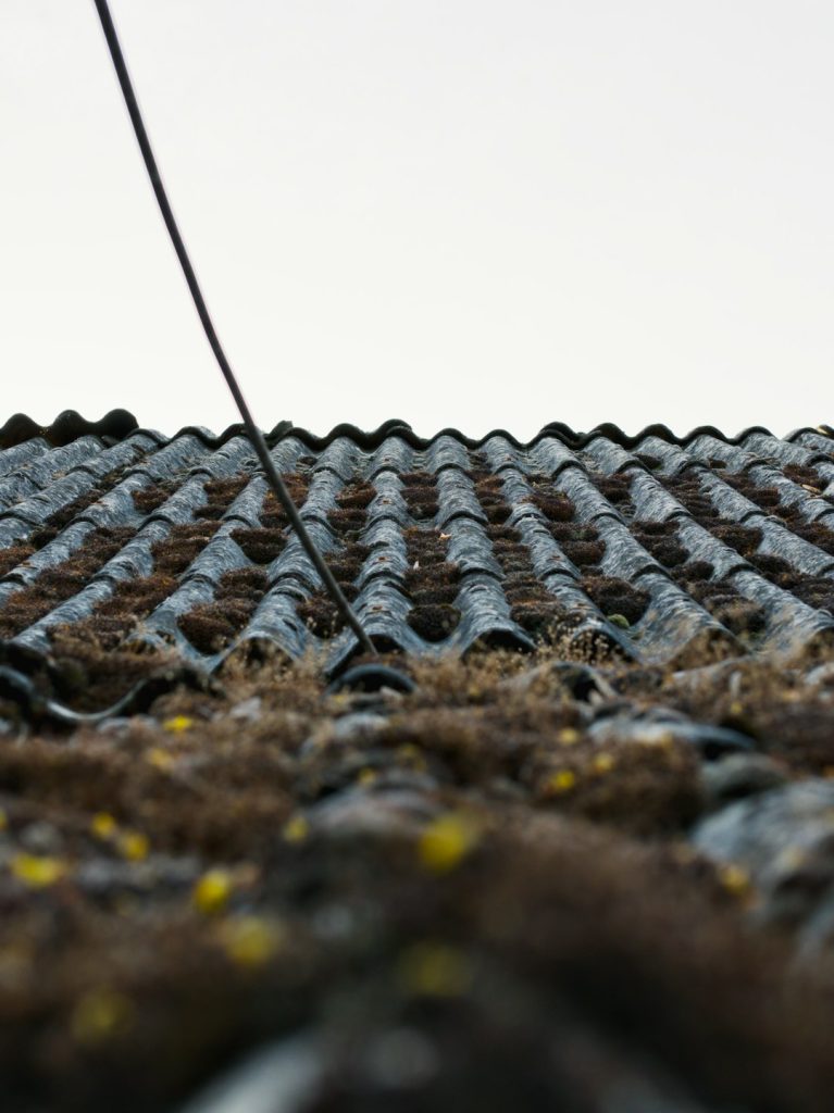 a-close-up-of-a-roof-with-a-wire-sticking-out-of-it-lkxkyd3ycsg Decrepit corrugated roof with moss and dirt.